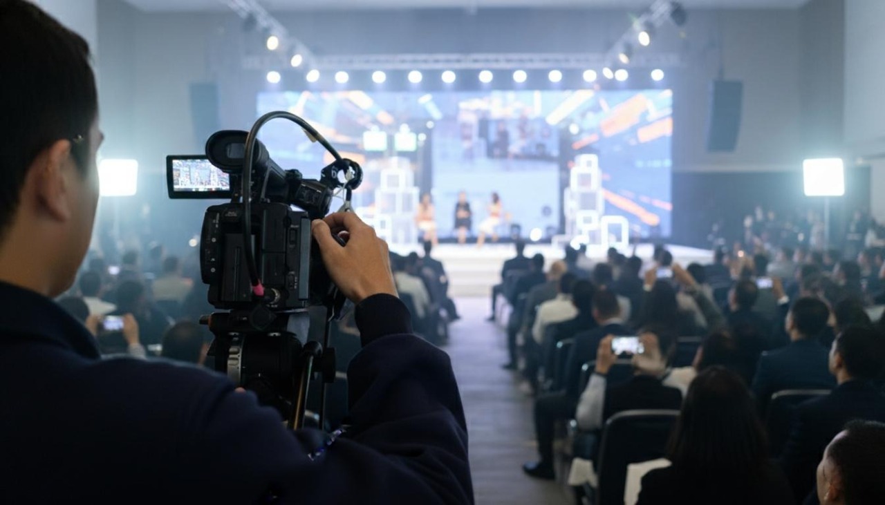 Videographer operating a shoulder-mounted camera filming a seated audience and speakers on a brightly lit stage at a conference.