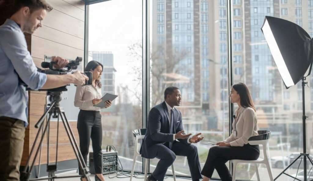 Two people seated facing each other in a studio interview setup with a camera operator, assistant holding a tablet, and softbox lighting near large windows showing city buildings.