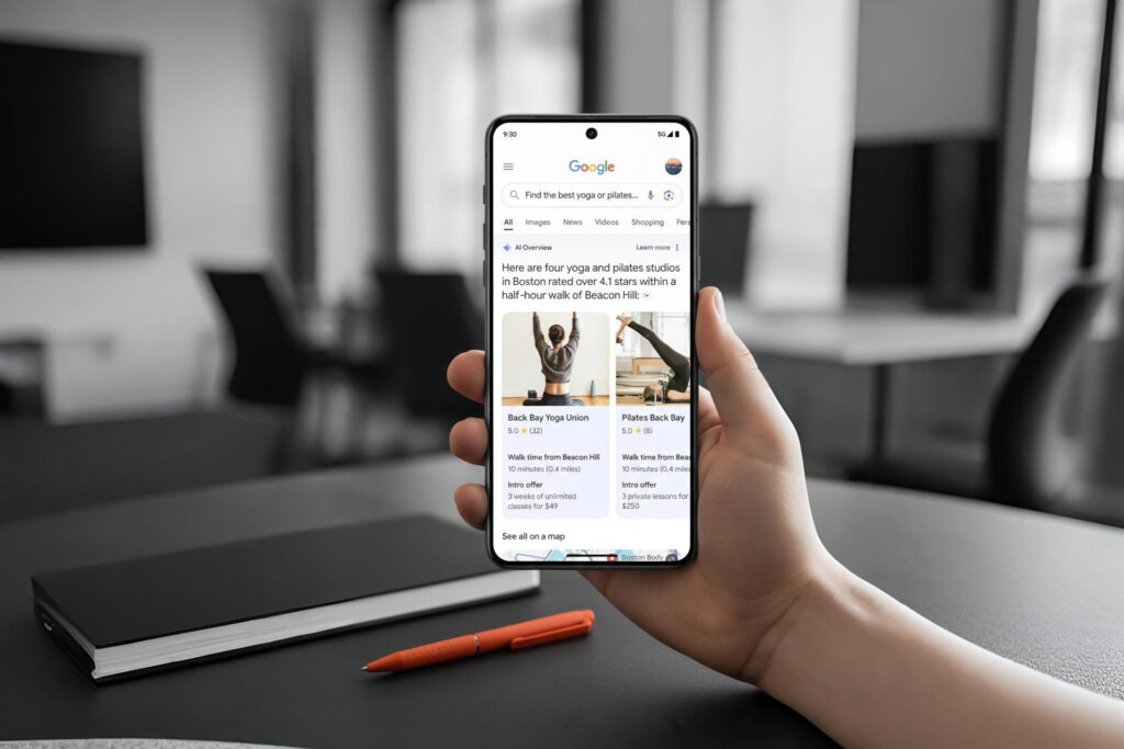 A person's hand holding a smartphone in a modern, blurred office setting. The screen shows a Google AI Overview for "best yoga or pilates studios in Boston," featuring a generative summary and specific brand recommendations with ratings and walk times, showcasing how GEO marketing gets brands referenced in AI answers.