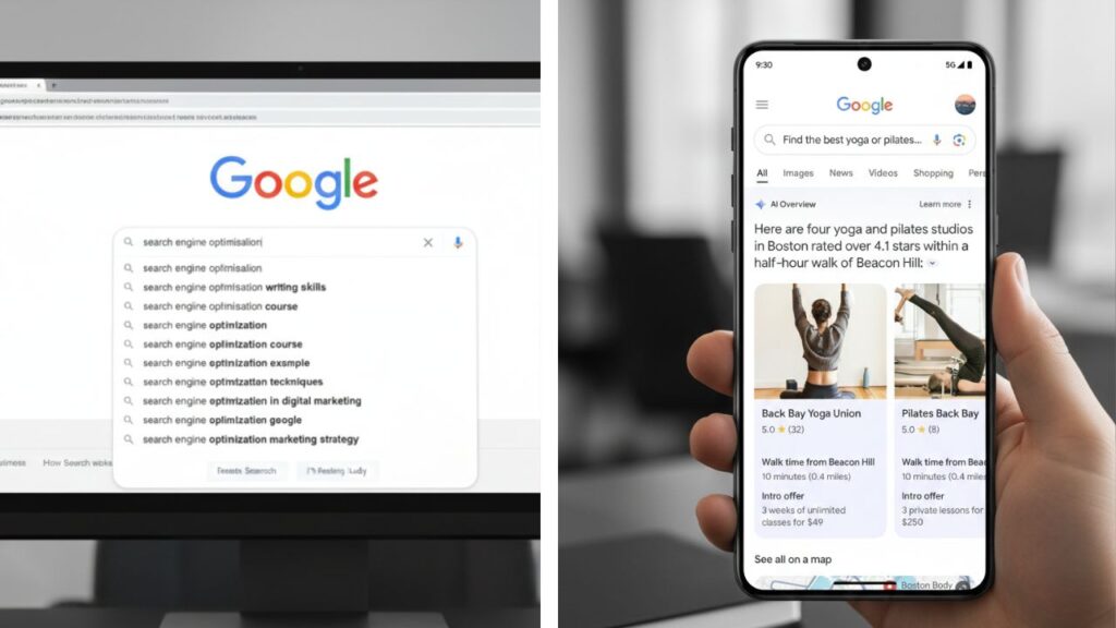 A split-screen comparison of search results. The left side shows a traditional Google search page on a desktop monitor with a list of blue links. The right side shows a smartphone displaying a Google AI Overview that summarizes information with cited sources, illustrating the difference between SEO rankings and Generative Engine Optimization.