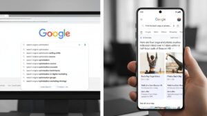 A split-screen comparison of search results. The left side shows a traditional Google search page on a desktop monitor with a list of blue links. The right side shows a smartphone displaying a Google AI Overview that summarizes information with cited sources, illustrating the difference between SEO rankings and Generative Engine Optimization.