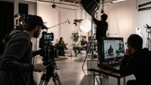 professional production team working together on a commercial video shoot